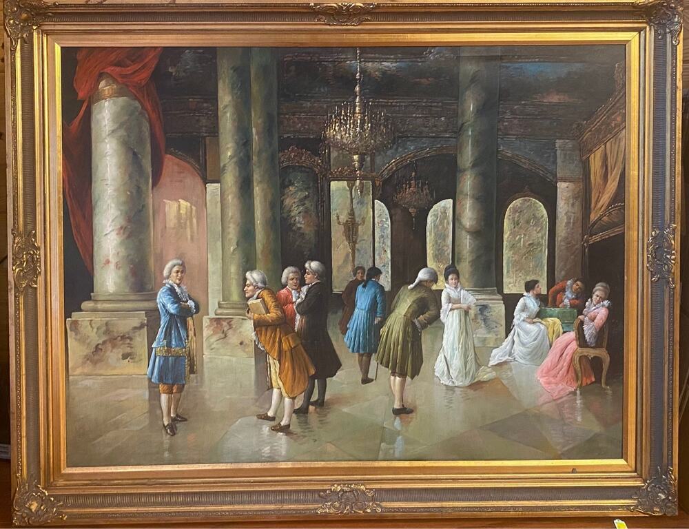 Massive Signed  Vintage 55" European Rococo Salon Oil Painting Ornate Wood Frame